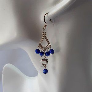 Dolphin with Blue Cat's Eye Bead Fishhook Earrings Handmade Original Design